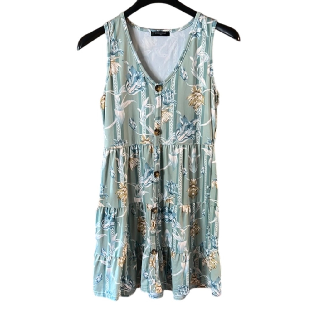 Loveu Dear Floral Sleeveless Green Dress Size Medium Faux Button Down Tiered